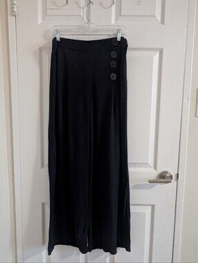 Navy Blue Wide Leg Pants Viscose Minimalist Office Business Casual Boho Chic L